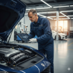 A foreign technician in a modern workshop using a diagnostic tablet to inspect a car engine