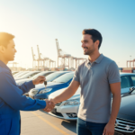 A smiling foreign car dealer receiving keys to a newlydelivered fleet of vehicles at a destination port