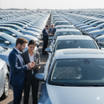 Caucasian technician performing professional car detailing and interior cleaning for used car export preparation.