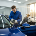 Professional detailing team reconditioning a luxury carinterior for export in a brightly lit studio
