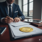 A foreign consultant reviewing official vehicle export documents and certificates of origin in a modern office