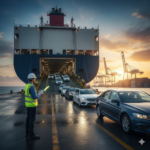 Logistics supervisors monitoring a car being driven into a Ro-Ro cargo ship at a deep-water port.